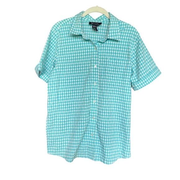 Vintage Denim & Co blue and white checked button up short sleeve shirt medium - Picture 1 of 10